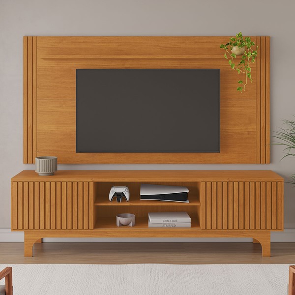 Sala de Estar Completa para TV Até 70 Polegadas Pier com Led 2 Portas 1 Prateleira Cinamomo - Pnr Móveis