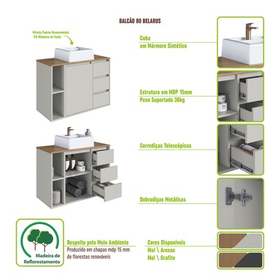 Armário de Banheiro Belagavi 1 Porta 3 Gavetas com Cuba Arenas - Art In Móveis