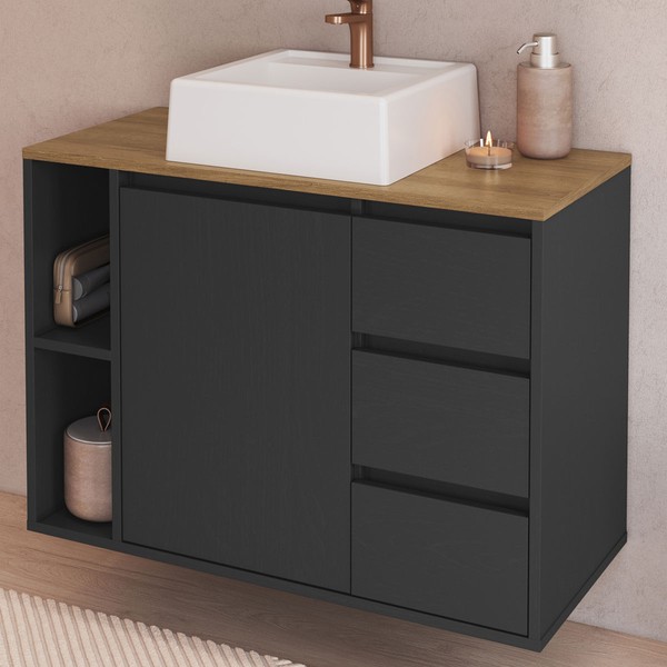 Armário de Banheiro Belagavi 1 Porta 3 Gavetas com Cuba Grafite - Art In Móveis