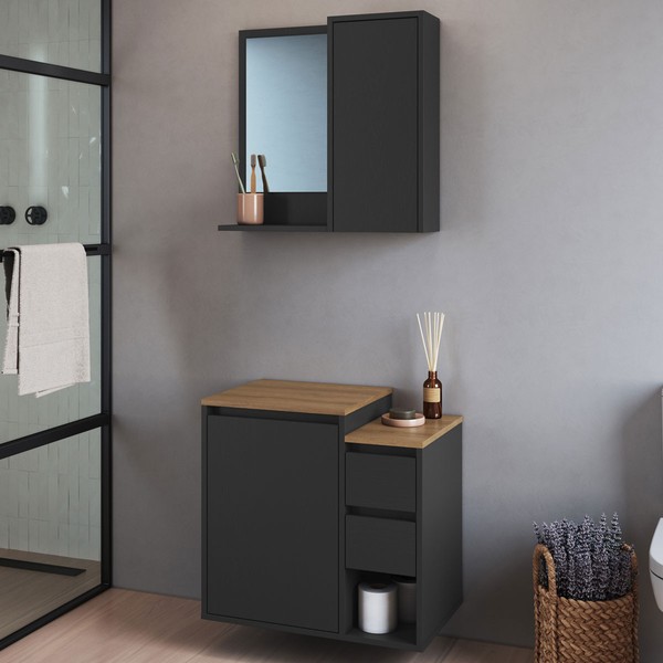 Armário de Banheiro Bari 2 Portas 2 Gavetas com Espelho Grafite - Art In Móveis