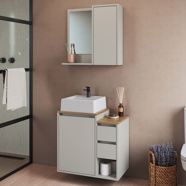 Armário de Banheiro Bari 2 Portas 2 Gavetas com Cuba e Espelho Arenas - Art In Móveis