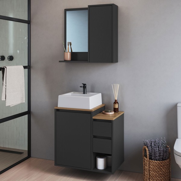 Armário de Banheiro Bari 2 Portas 2 Gavetas com Cuba e Espelho Grafite - Art In Móveis