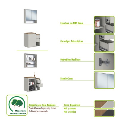 Armário de Banheiro Bologna 3 Portas 2 Gavetas com Espelho Arenas - Art In Móveis
