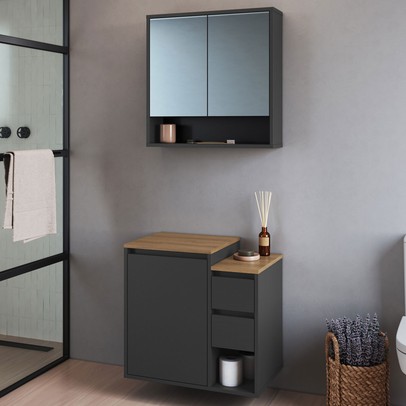 Armário de Banheiro Bologna 3 Portas 2 Gavetas com Espelho Grafite - Art In Móveis