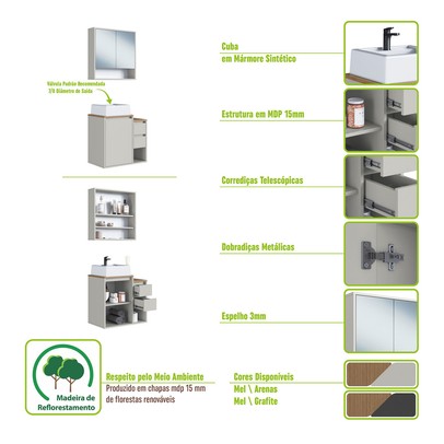 Armário de Banheiro Bologna 3 Portas 2 Gavetas com Cuba e Espelho Arenas - Art In Móveis