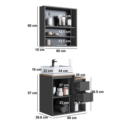 Armário de Banheiro Bologna 3 Portas 2 Gavetas com Cuba e Espelho Grafite - Art In Móveis