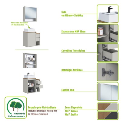 Armário de Banheiro Bologna 3 Portas 2 Gavetas com Cuba e Espelho Grafite - Art In Móveis