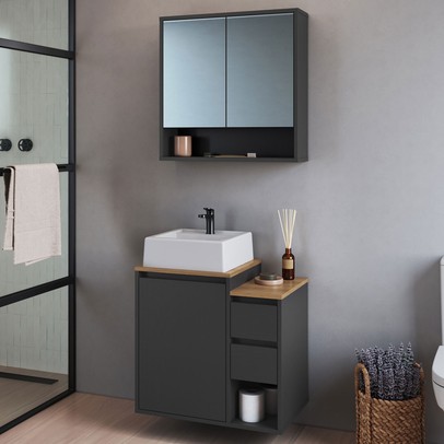 Armário de Banheiro Bologna 3 Portas 2 Gavetas com Cuba e Espelho Grafite - Art In Móveis