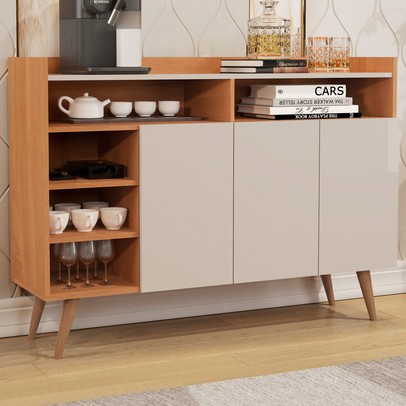 Balcão Buffet Corsa 3 Portas 3 Prateleiras Nature/Off White - Pnr Móveis