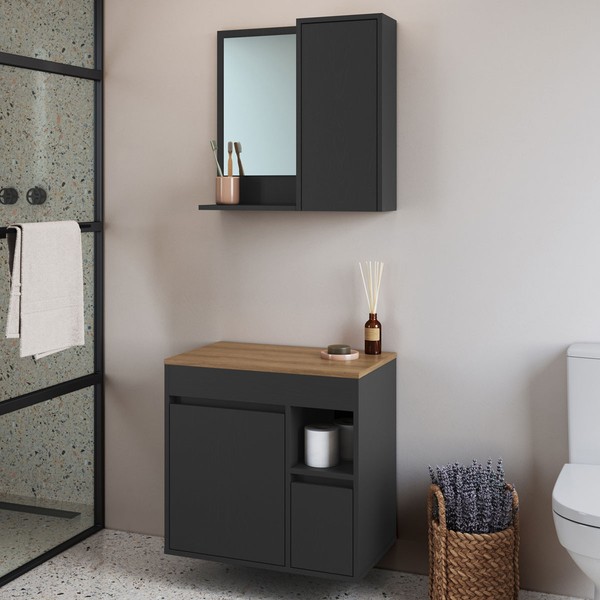 Armário de Banheiro Bahamas 2 Portas 1 Gaveta com Espelho Grafite - Art In Móveis