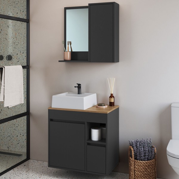 Armário de Banheiro Bahamas 2 Portas 1 Gaveta com Cuba e Espelho Grafite - Art In Móveis