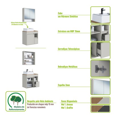 Armário de Banheiro Bangladesh 3 Portas 1 Gaveta com Cuba e com Espelho Arenas - Art In Móveis