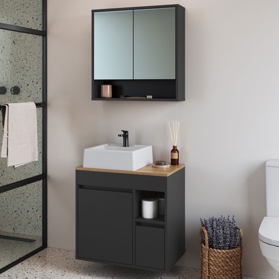 Armário de Banheiro Bangladesh 3 Portas 1 Gaveta com Cuba e com Espelho Grafite - Art In Móveis