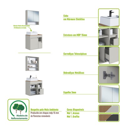 Armário de Banheiro Bangladesh 3 Portas 1 Gaveta com Cuba e com Espelho Grafite - Art In Móveis