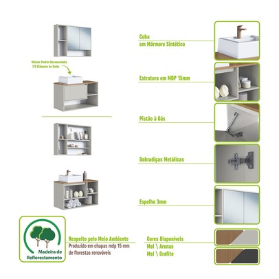 Armário de Banheiro Barcelona 3 Portas com Cuba e Espelho Arenas - Art In Móveis
