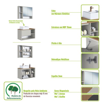 Armário de Banheiro Barcelona 3 Portas com Cuba e Espelho Grafite - Art In Móveis