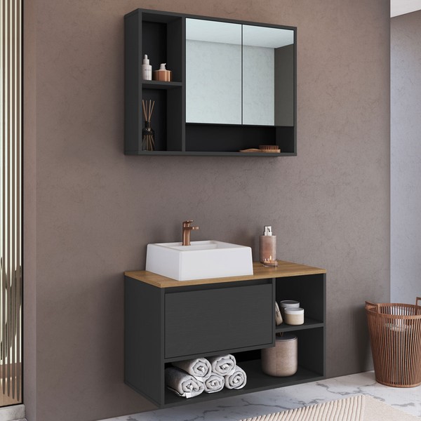 Armário de Banheiro Barcelona 3 Portas com Cuba e Espelho Grafite - Art In Móveis