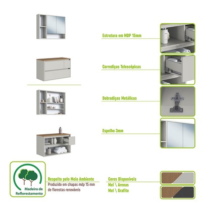 Armário de Banheiro Belarus 4 Portas 1 Gaveta com Espelho Arenas - Art In Móveis