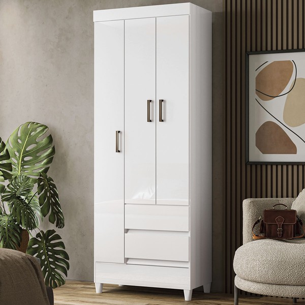 Guarda-Roupa Solteiro Lux 3 Portas 2 Gavetas Branco - Pnr Móveis