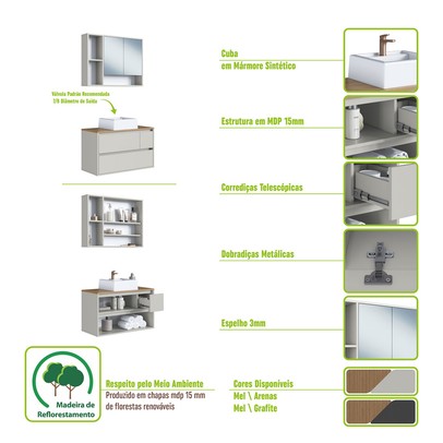 Armário de Banheiro Belarus 4 Portas 1 Gaveta com Cuba e Espelho Arenas - Art In Móveis