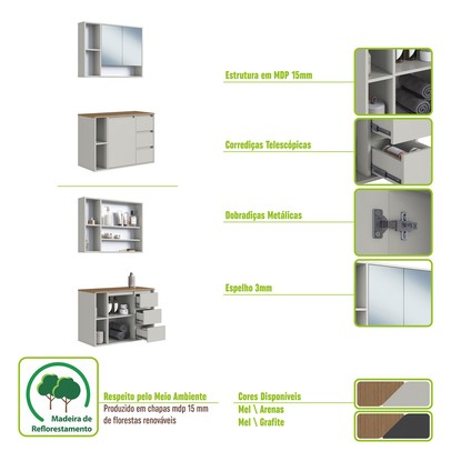Armário de Banheiro Belagavi 3 Portas 3 Gavetas com Espelho Arenas - Art In Móveis