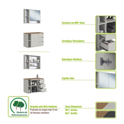 Armário de Banheiro Belagavi 3 Portas 3 Gavetas com Espelho Grafite - Art In Móveis