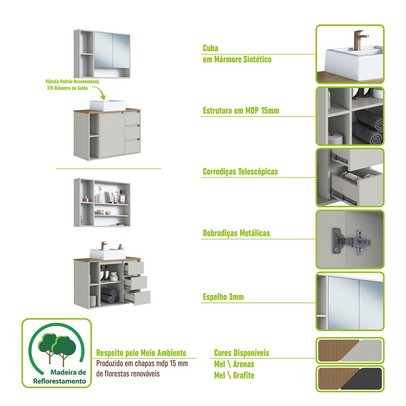 Armário de Banheiro Belagavi 3 Portas 3 Gavetas com Cuba e Espelho Arenas - Art In Móveis
