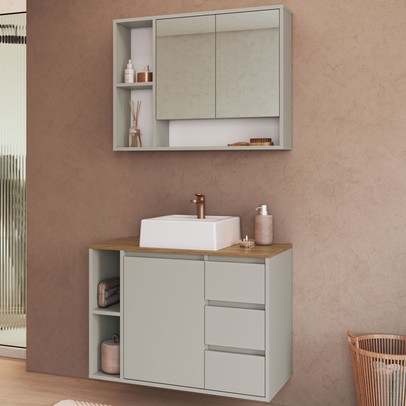 Armário de Banheiro Belagavi 3 Portas 3 Gavetas com Cuba e Espelho Arenas - Art In Móveis