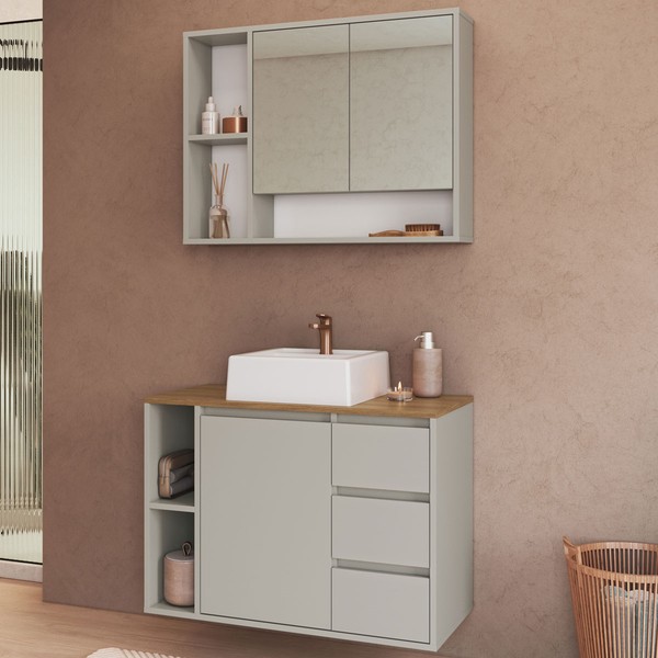 Armário de Banheiro Belagavi 3 Portas 3 Gavetas com Cuba e Espelho Arenas - Art In Móveis