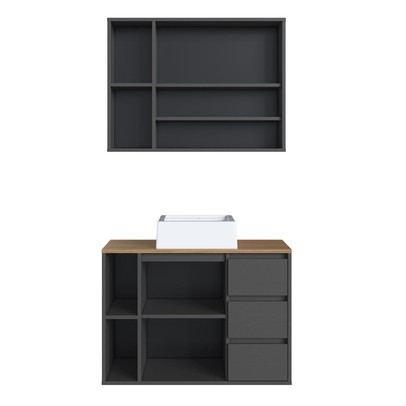 Armário de Banheiro Belagavi 3 Portas 3 Gavetas com Cuba e Espelho Grafite - Art In Móveis