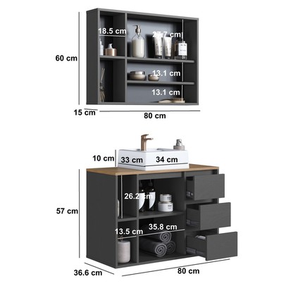 Armário de Banheiro Belagavi 3 Portas 3 Gavetas com Cuba e Espelho Grafite - Art In Móveis