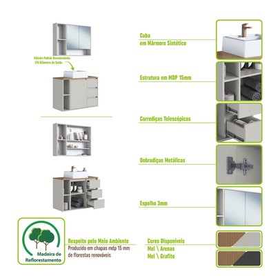 Armário de Banheiro Belagavi 3 Portas 3 Gavetas com Cuba e Espelho Grafite - Art In Móveis