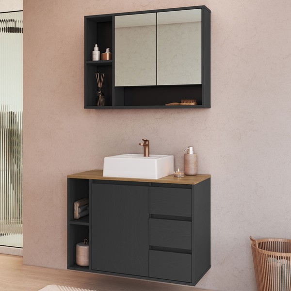 Armário de Banheiro Belagavi 3 Portas 3 Gavetas com Cuba e Espelho Grafite - Art In Móveis