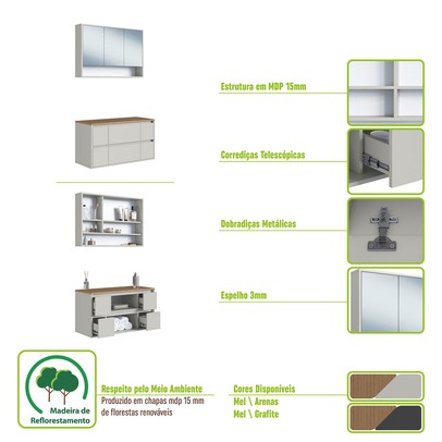 Armário de Banheiro Berlim 5 Portas 4 Gavetas com Espelho Grafite - Art In Móveis