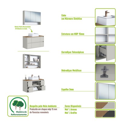 Armário de Banheiro Berlim 5 Portas 4 Gavetas com Cuba e Espelho Arenas - Art In Móveis