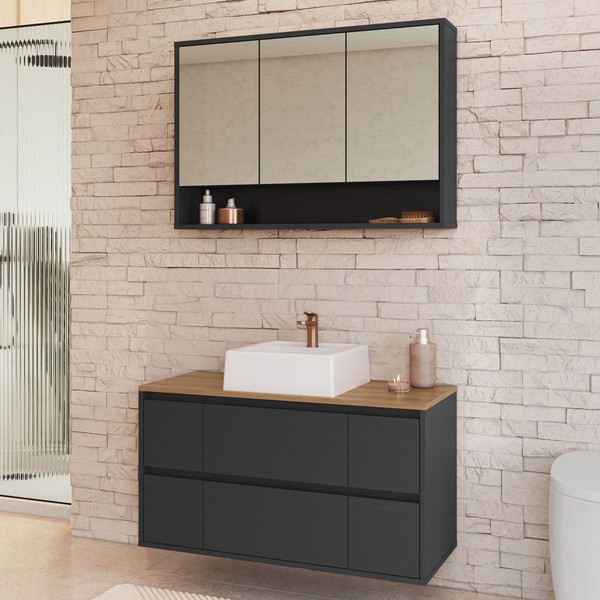 Armário de Banheiro Berlim 5 Portas 4 Gavetas com Cuba e Espelho Grafite - Art In Móveis