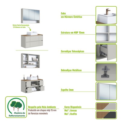 Armário de Banheiro Berlim 5 Portas 4 Gavetas com Cuba e Espelho Grafite - Art In Móveis
