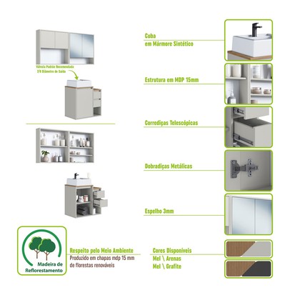 Armário de Banheiro Bahamas 5 Portas 2 Gavetas com Cuba e Espelho Grafite - Art In Móveis