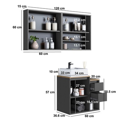 Armário de Banheiro Bahamas 5 Portas 2 Gavetas com Cuba e Espelho Grafite - Art In Móveis