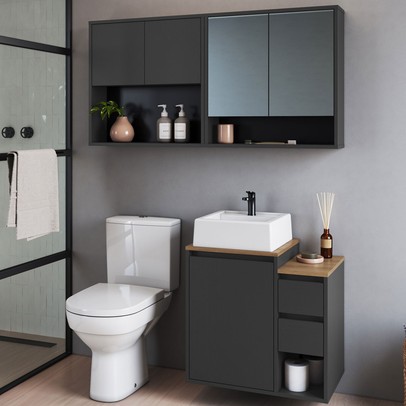 Armário de Banheiro Bahamas 5 Portas 2 Gavetas com Cuba e Espelho Grafite - Art In Móveis