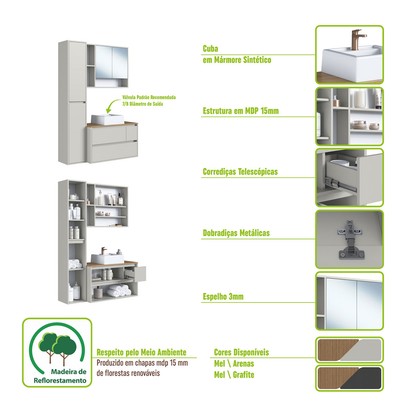 Armário de Banheiro Belarus 6 Portas 1 Gaveta com Cuba e Espelho Arenas - Art In Móveis