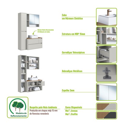 Armário de Banheiro Belarus 6 Portas 1 Gaveta com Cuba e Espelho Grafite - Art In Móveis