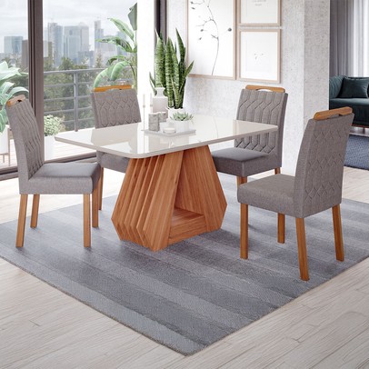 Mesa de Jantar 4 Lugares ágata Paola com Vidro Cinamomo/Off White/Grafite - Cimol