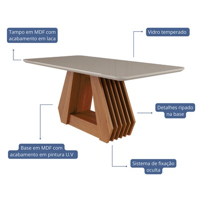 Mesa de Jantar 6 Lugares ágata Clarice com Vidro Cinamomo/Off White/Bege - Cimol