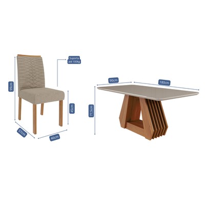 Mesa de Jantar 6 Lugares ágata Clarice com Vidro Cinamomo/Off White/Bege - Cimol