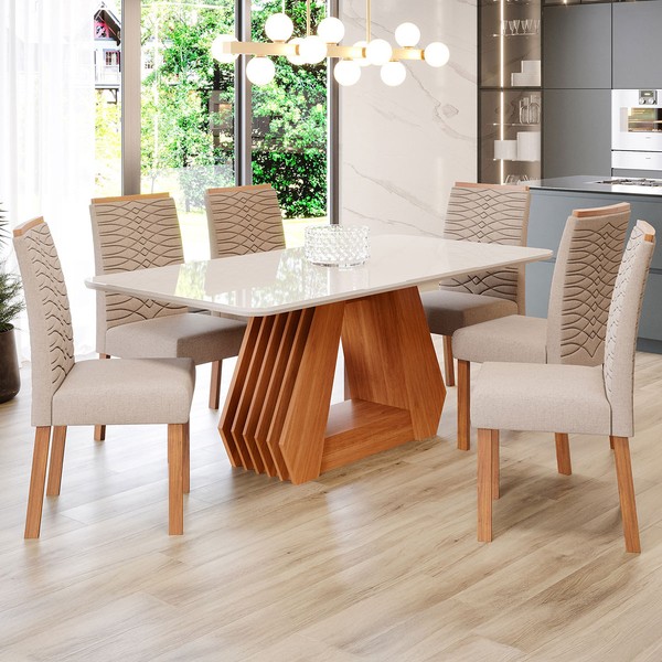Mesa de Jantar 6 Lugares ágata Clarice com Vidro Cinamomo/Off White/Bege - Cimol
