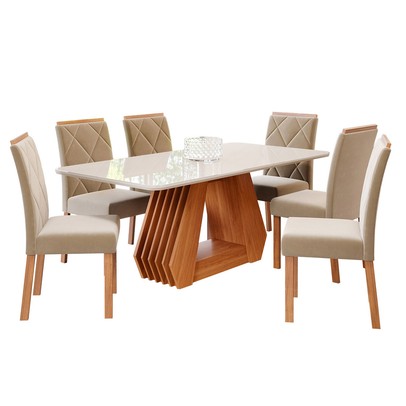 Mesa de Jantar 6 Lugares ágata Fernanda com Vidro Cinamomo/Off White/Joli - Cimol