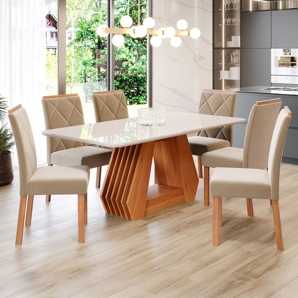 Mesa de Jantar 6 Lugares ágata Fernanda com Vidro Cinamomo/Off White/Joli - Cimol