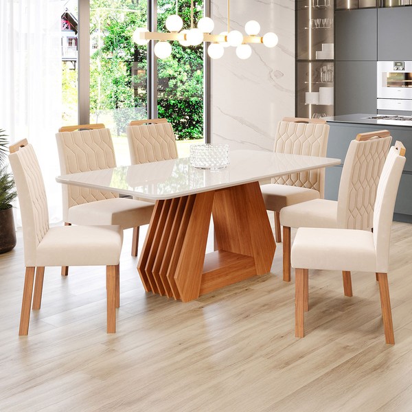 Mesa de Jantar 6 Lugares ágata Paola com Vidro Cinamomo/Off White/Nude - Cimol