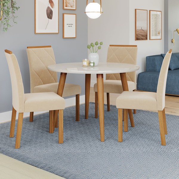Mesa de Jantar 4 Lugares Dani Fernanda com Vidro Madeira/Off White/Nude - Cimol